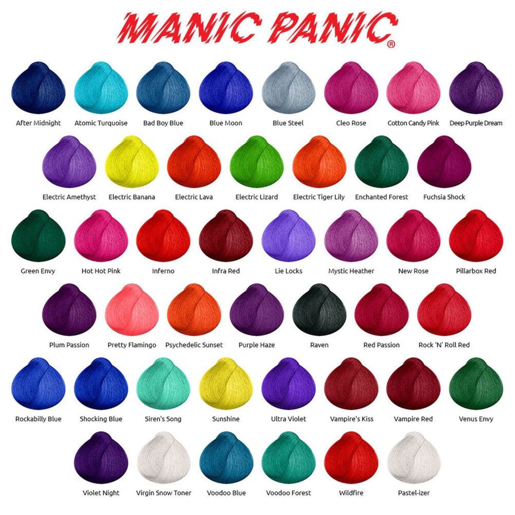 Купить цветную краску. Краска Manic Panic палитра. Маник паник краска для волос палитра цветов. Мэник пэник. Мэник пэник краска.
